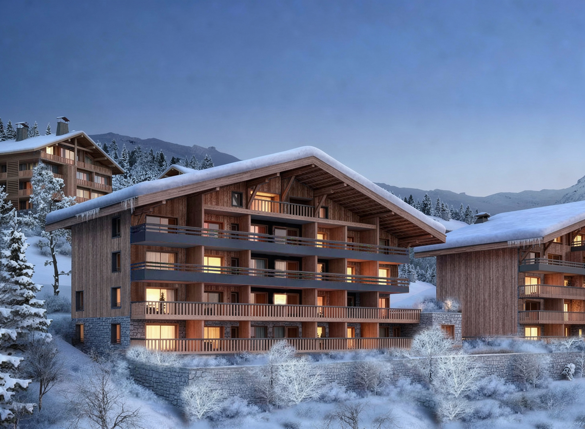 Vue extérieure des chalets du Domaine des 4 Saisons sous la neige